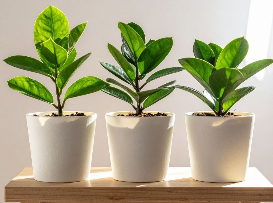 Three Zanzibar gem plants in white pots