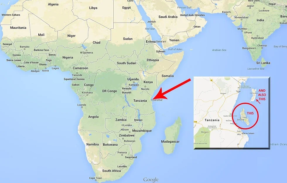 Map of Africa showing where Zanzibar is located off the coast of Tanzania